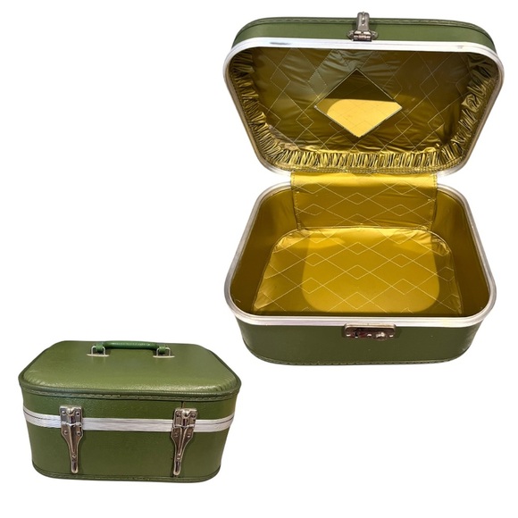 Vintage Original Train Case Suitcase Travel Olive Green Retro 60s Carry On Plane - Picture 2 of 11